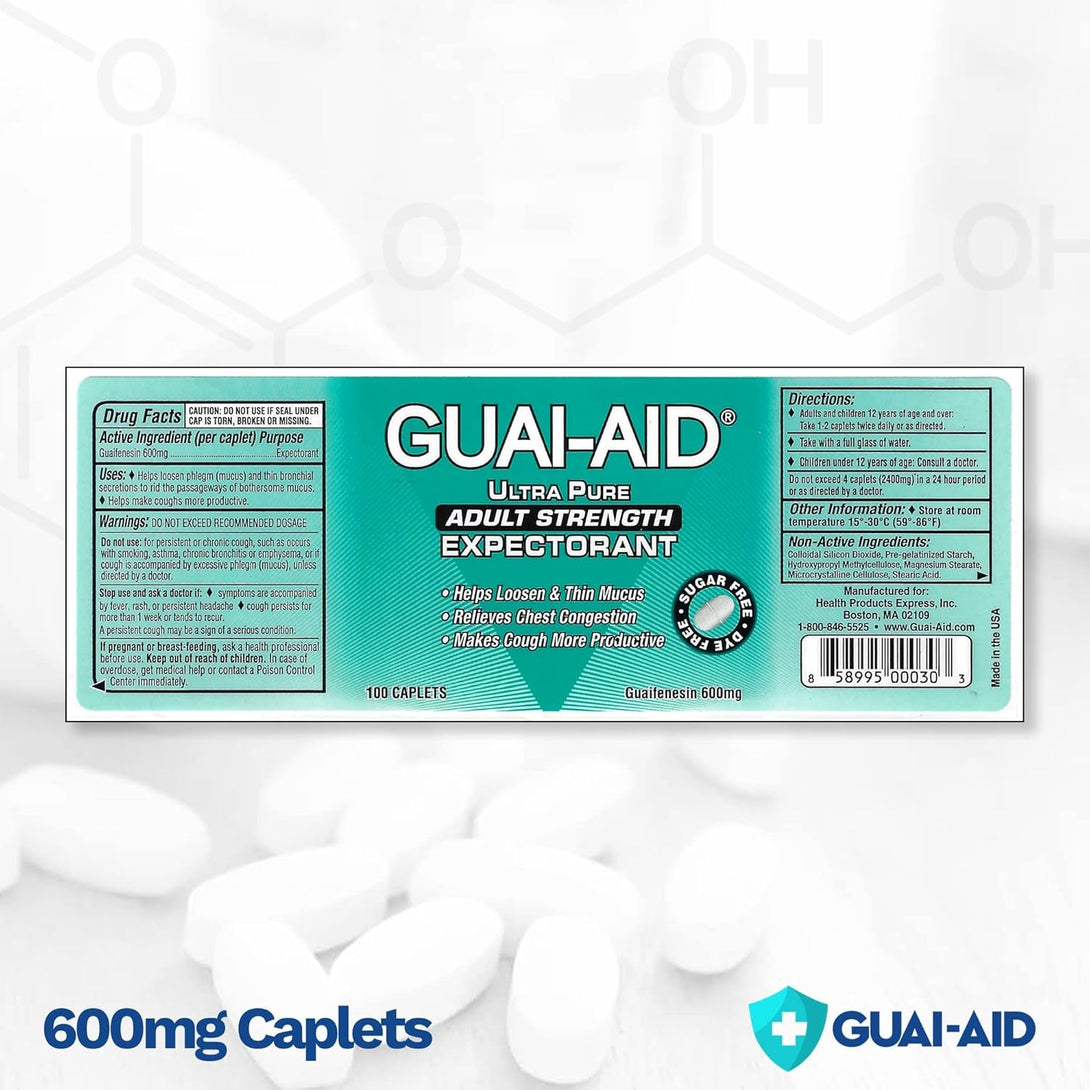 100 600Mg Guaifenesin Caplets “For All-Day Everyday Mucus Relief” Controls Phlegm, Cough, Chest Congestion, Colds & Flu.