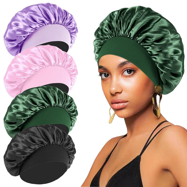 4PCS Silk Bonnet for Sleeping - Hair Satin Bonnets for Black Women Men,Wrap Cap for Curly Hair,Elastic Wide Band Bonnet Shower Cap for Sleeping (Purple & Pink & Pale Green & Black)