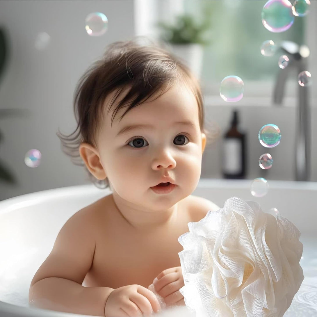 Loofah-Bath Sponge Set-Large, 4 Pack Bath Scrubbers, Soft Mesh White Puff-Cleansing Body Scrub for Men and Women: Skin Soothing Exfoliation Tools (Elegant White-60G)