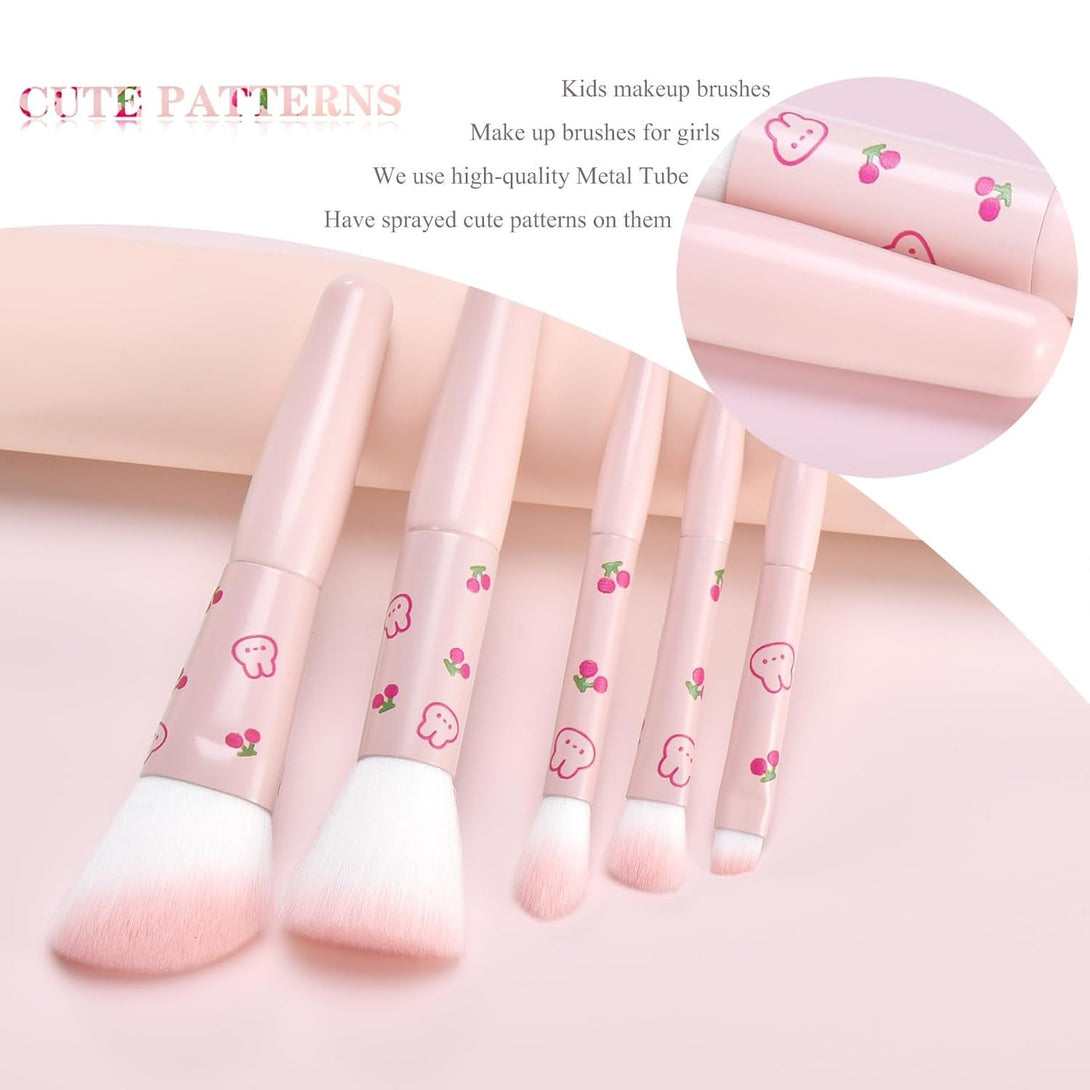 5Pcs Pink Printed Travel Makeup Brushes with Bag and 5Pcs Finger Puff Cosmetic Tool Kit Soft Synthetic Fiber for Foundation, Powder, Brush, Eye Shadow, Eyebrow Powder Gift for Women/Girls/Kids