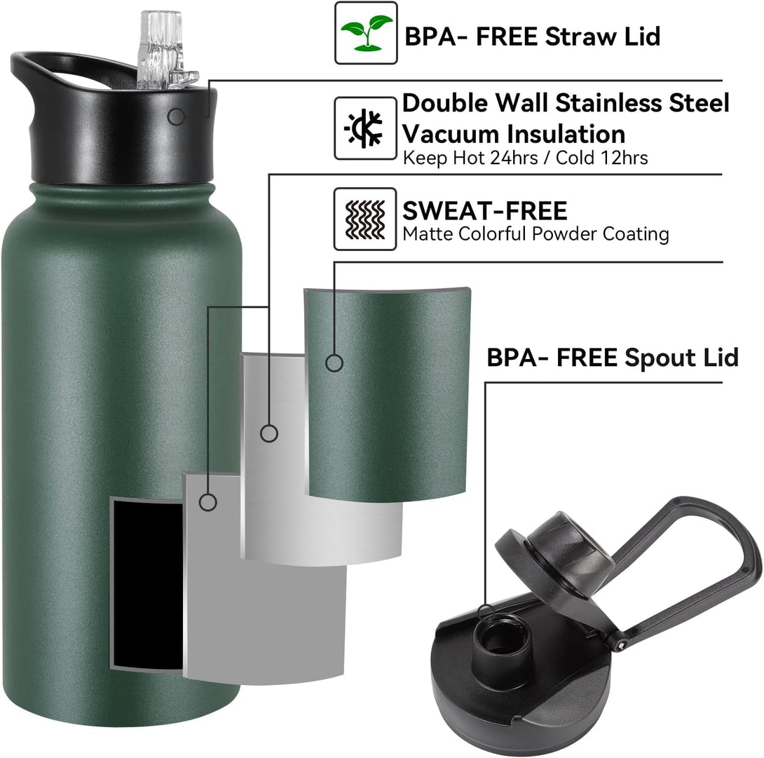 32 Oz Insulated Water Bottle Bulk 4 Pack, Stainless Steel Sports Water Bottles with Straw Lid & Wide Mouth Lids, Double Walled Vacuum, Leak Proof, Dark Green