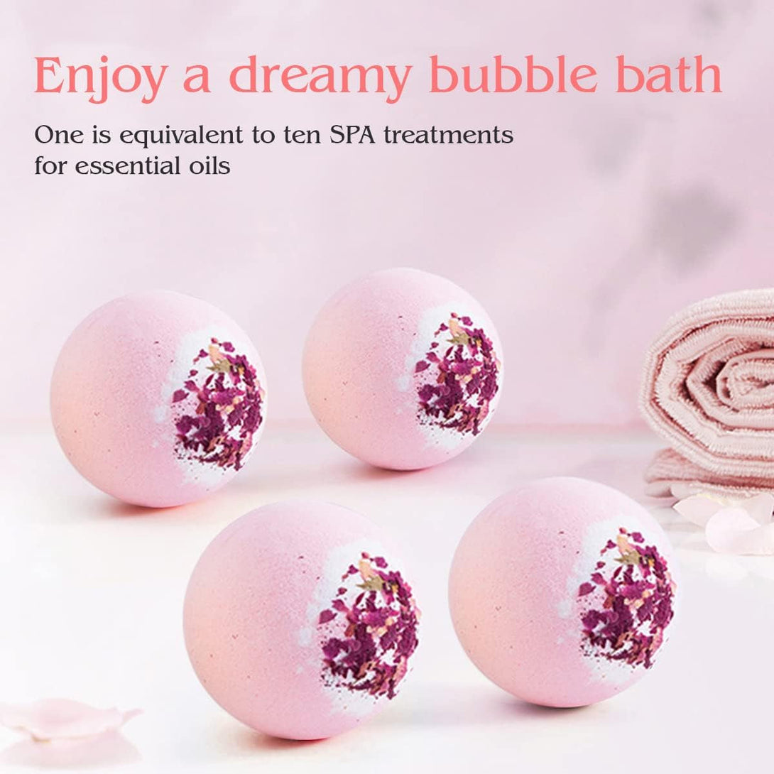 Dried Flower Bath Bombs Salt Balls,4 Pack Gift Set,Rose Extract Essential Oils,Moisturizing Dry Skin,Fizzy Spa,Relaxation,Self Care,Relaxing,Bubble Bath Bomb Gifts Idea for Men Women
