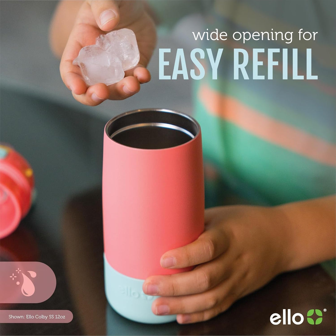 Ello Kids Colby 12Oz Stainless Steel Insulated Water Bottle with Straw and Built-In Silicone Coaster Carrying Handle and Leak-Proof Locking Lid for School Backpack, Lunchbox, and Outdoor Sports