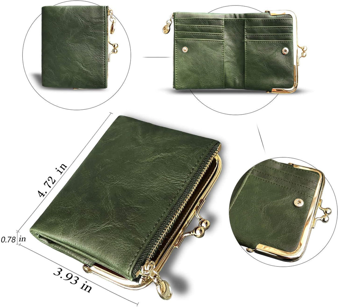 AOXONEL Womens Wallet Small Rfid Ladies Compact Bifold Leather Vintage Coin Purse with Zipper and Kiss Lock
