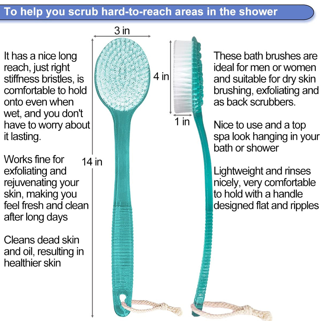 Back Brush for Shower, 14-Inch Long Handle Medium Stiff Bristles Bath Scrubber for Men Women Body Exfoliating and Brushing - 2 Packs Blue