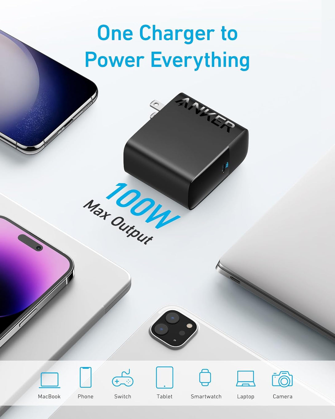 Anker Macbook Charger, Compact and Foldable 100W USB C Charger for Macbook Air, Samsung Galaxy, Ipad Pro, and More, 5FT USB C Cable Included