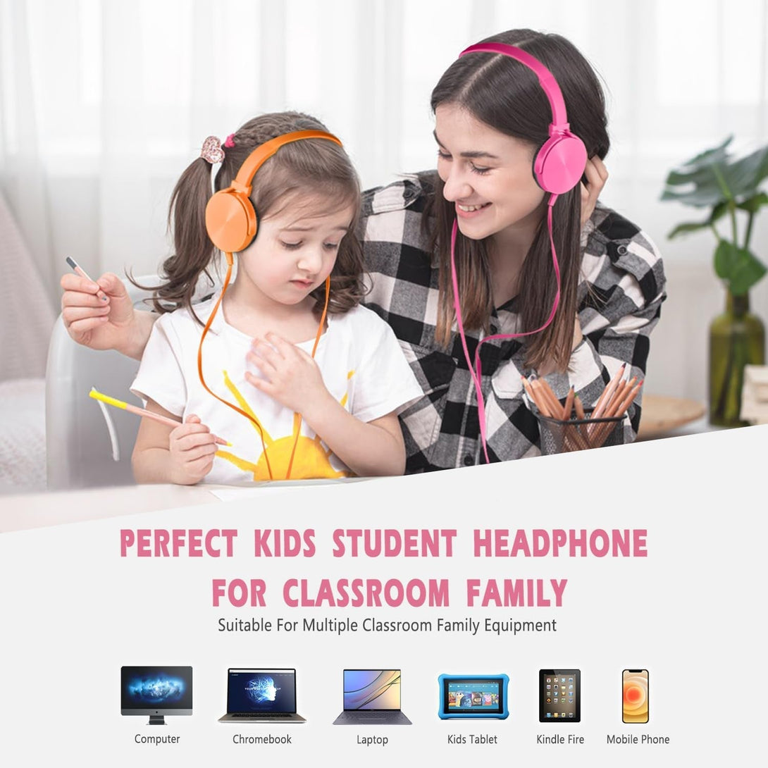 Kids Headphones 2 Pack for School Classroom, Wired Durable Earphones Class Set for Students Children Toddler Teens Boys Girls and Adult (HY450, Orange+Pink)
