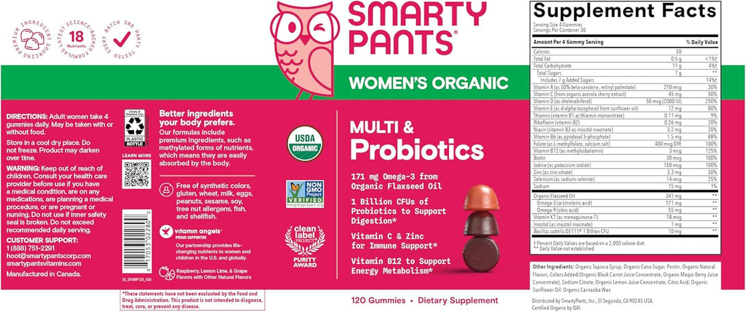 Smartypants Organic Women'S Multivitamin Gummies: Biotin, Probiotics, Methylfolate, Omega 3 (ALA), Vitamin D3, C, Vitamin B12, B6, A, K & Zinc, Inositol, Gluten Free, 120 Count (30 Day Supply)