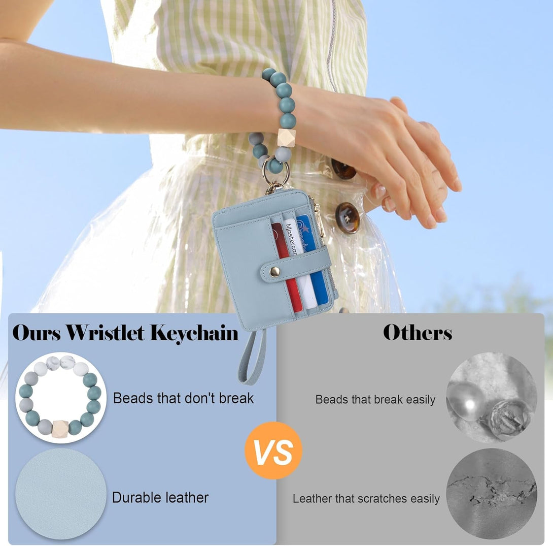 Keychain Wallet with Bracelet RFID Blocking Wristlet Credit Purse Card Holder, Silicone Bead Tassel Key Ring for Women