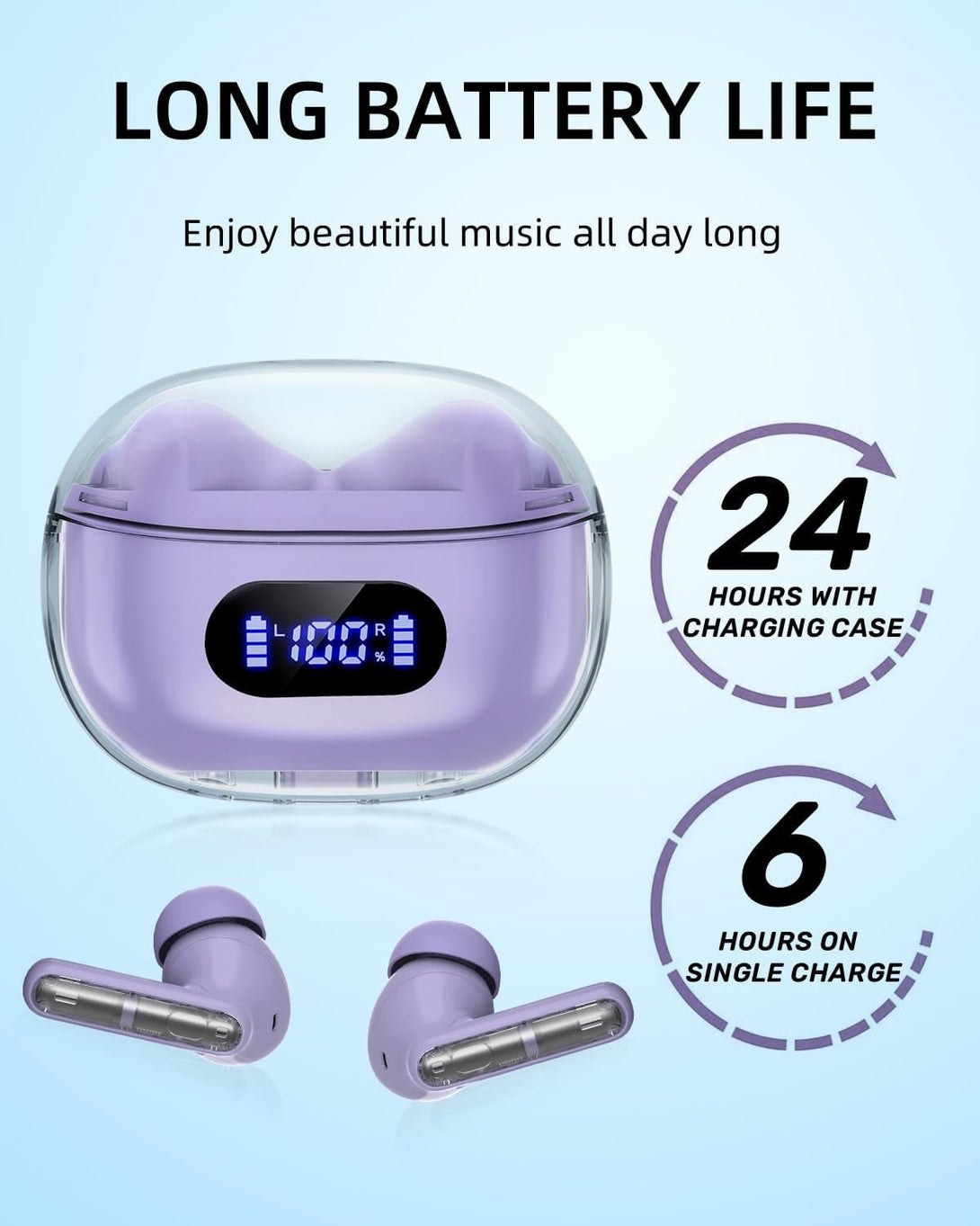 Purple Wireless Earbuds P1 PRO, Earphones Wireless Bluetooth Headphones with Clear Call Mics Ear Buds, Comfortable Fit, IPX7 Waterproof Long Battery Life, 30H Playtime for Sports Workout