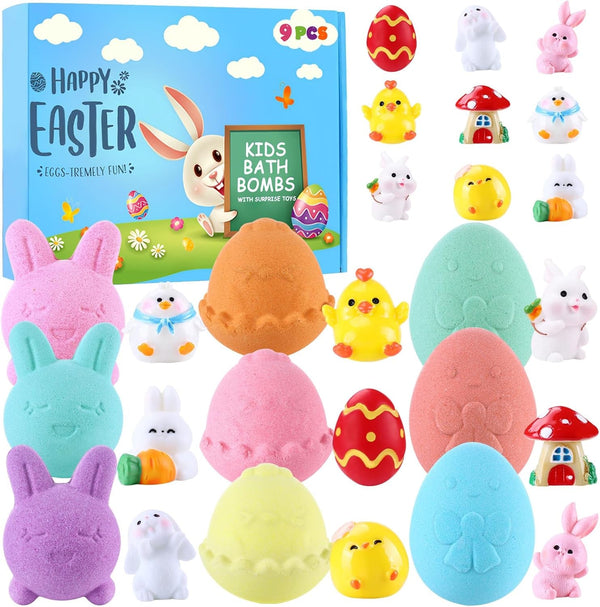 JOICEE 9 Pack Easter Bubble Bath Bombs for Kids with Easter Surprise Inside,Handmade Easter Egg Bunny Chick Organic Bath Fizz Balls for Kids Boys Girls Gift Easter Basket Stuffers