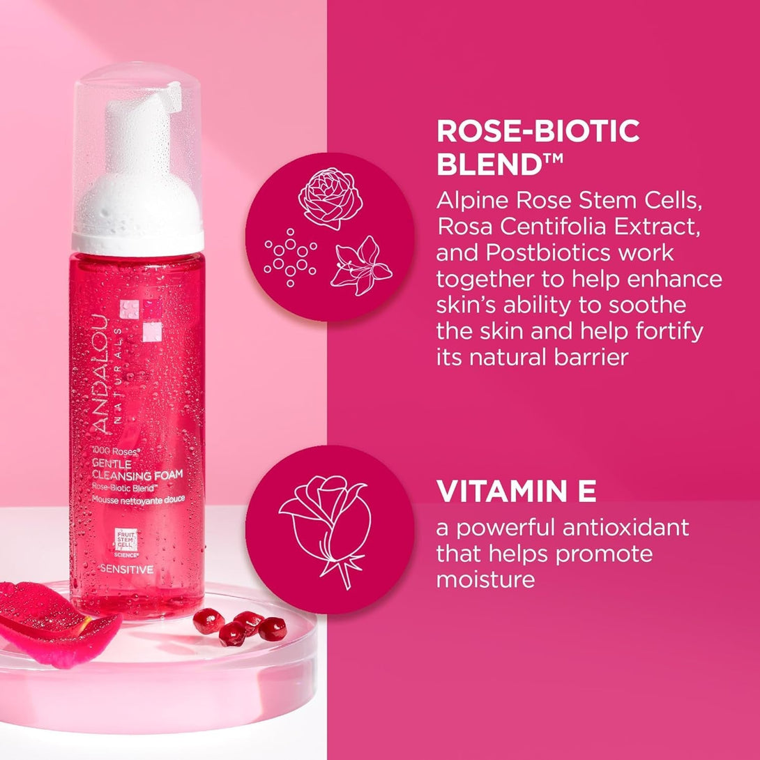 Andalou Naturals 1000 ROSES Gentle Cleansing Foam Face Wash, Hydrating Foaming Facial Cleanser with Rosewater & Aloe for Women & Men, Non Toxic, Vegan