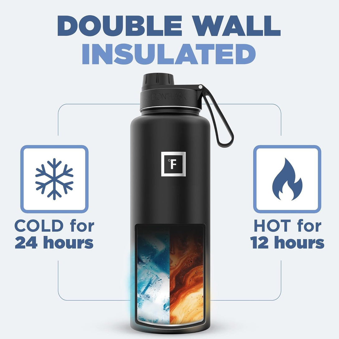 IRON °FLASK Camping & Hiking Hydration Flask with 3 Lids - Stainless Steel, Double Walled & Vacuum Insulated Water Bottle - Leak Proof & BPA Free (Dark Night, Spout - 40 Oz)