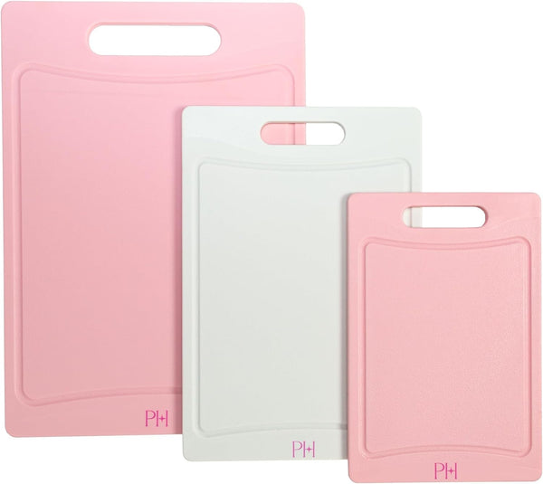 Paris Hilton Cutting Boards, Dual-Sided Cutting Board Set with Built-In Juice Grooves, Easy-Grip Handles, Heavy-Duty Plastic Made without BPA, Dishwasher Safe, 3-Piece Set, Pink and Cream