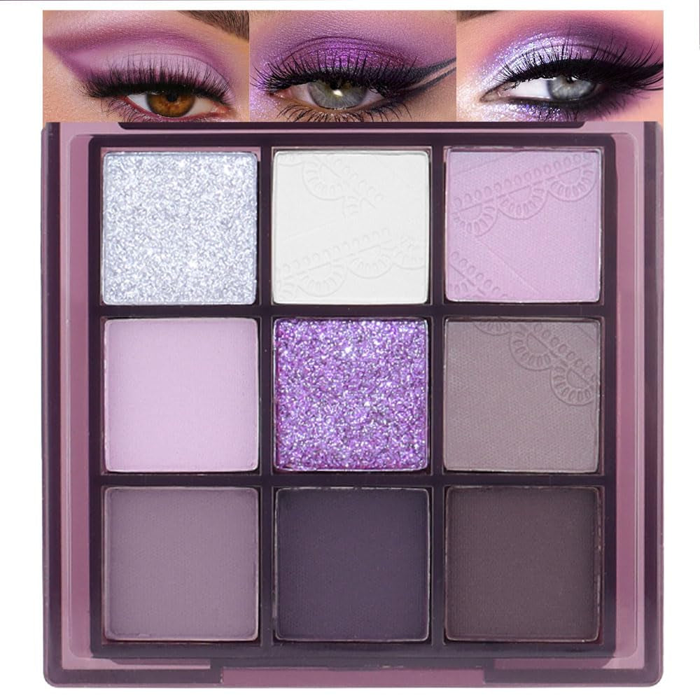 9 Colors Purple Silver White Tan Grape Matte Shimmer Eyeshadow Palette for Eye Makeup,High Pigmented Brown Eye Shadow Primers Powder Palet De Sombras De Ojos