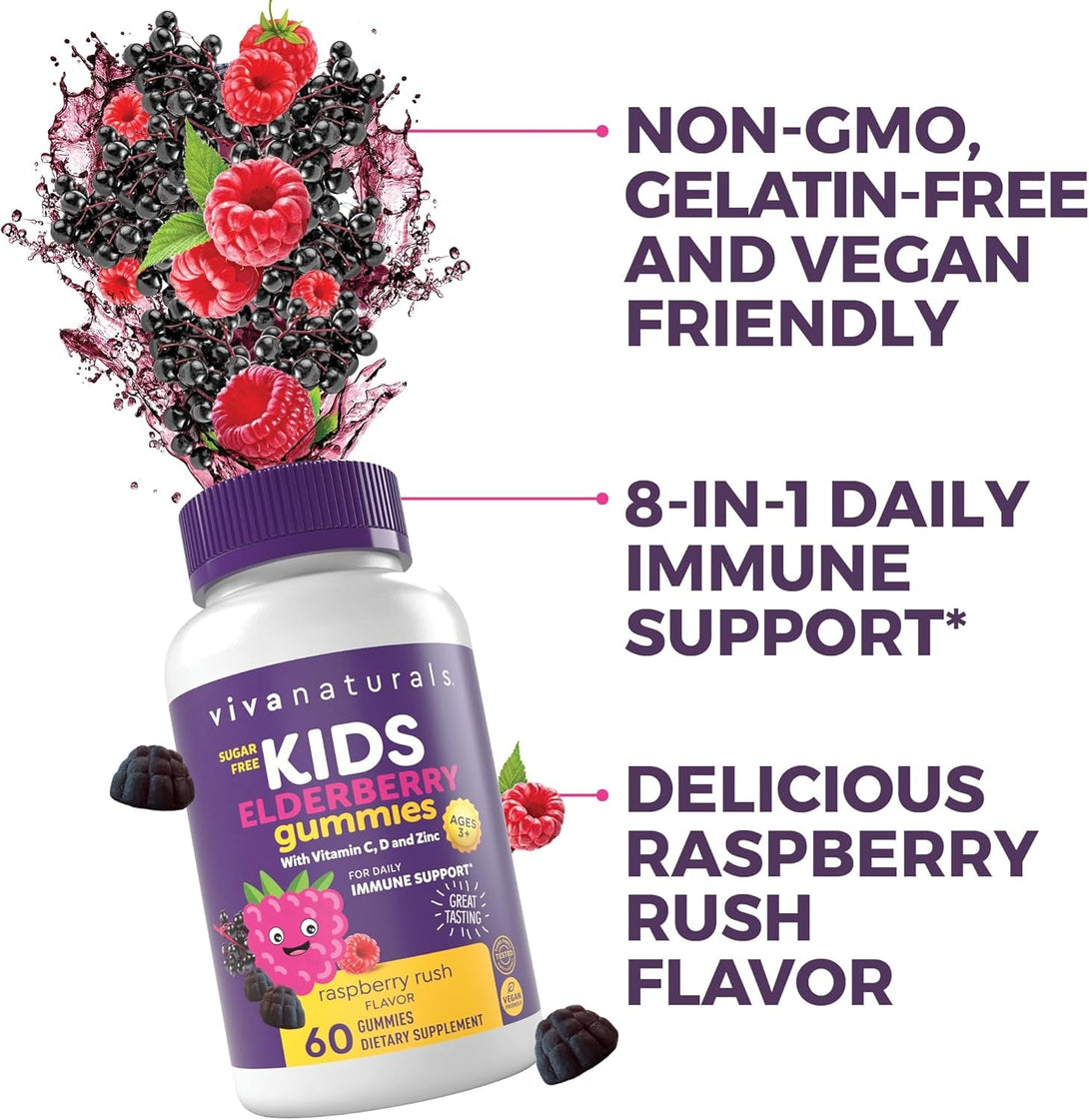 Viva Naturals 8In1 Elderberry Gummies for Kids with Vitamin C, D and Zinc - 60 Sugar Free Kids Immune Support Black Elderberry Gummies - Elderberry Vitamin C and Zinc Immune Support Supplement