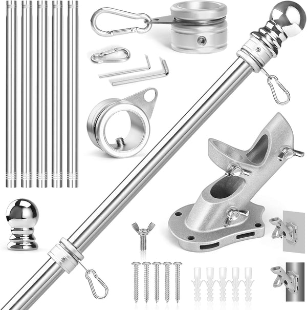 Anovo Flag Pole Kit- Stainless Steel 6 FT Flag Poles With1 Inch Metal 360Â° Rotating Flag Pole Rings Clip, Two-Position Flag Pole Holder Brackets Mounting for outside House Outdoor Porch (6 Ft-Sliver)