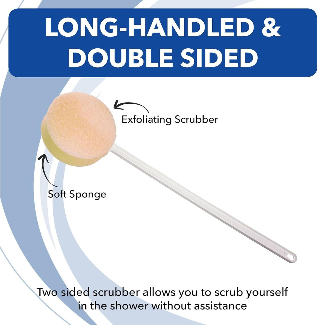 Sammons Preston Long Scrub Sponges, 22.5" Long Handled Washer & Scrubber Tool with Polyfoam round Sponge & Loofah on One Side, Bath & Shower Cleaning Aid, Extended Reacher for Limited Range of Motion