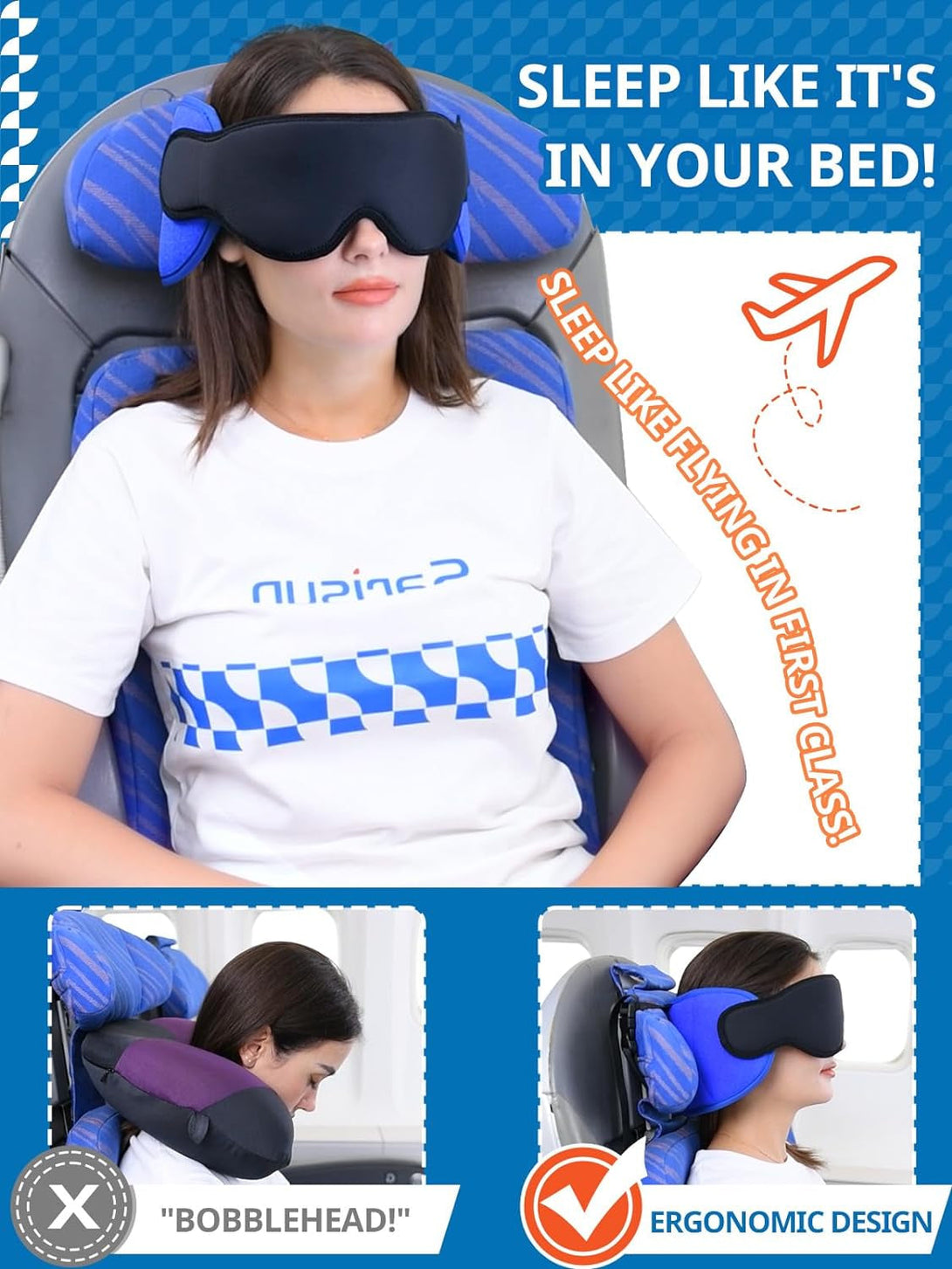 Airplane Pillow Combo with Chin Strap, Travel Pillows for Airplanes with Sleep Eye Mask, Plane Pillow for Long Flights, Car Road Trip, 360° Headrest, Stop Bobblehead, FSA HSA Eligible, Black