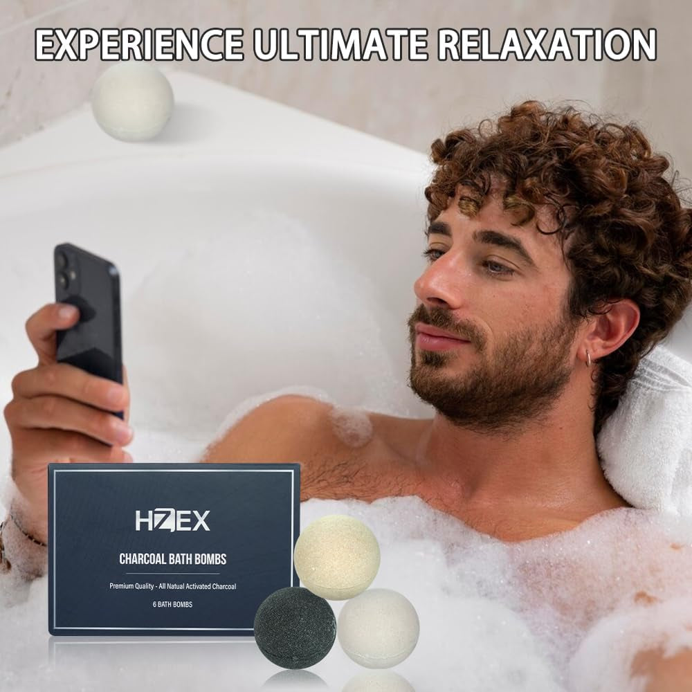 Bath Bombs, HZEX 6 Large Natural Luxury Charcoal Bathbomb Fizzes for Men Women, Organic Bath Bomb with Essential Oils and Shea Butter, Stress Relief and Relaxation, Detox with Charcoal Bathbombs