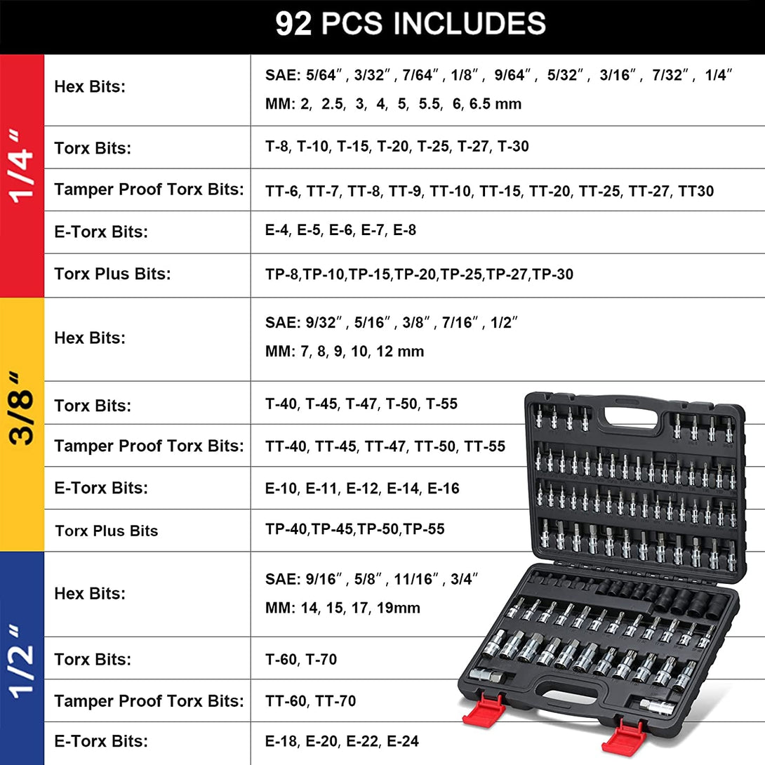 92-Piece Allen and Torx Bit Socket Set, 1/4" 3/8" and 1/2" Drive Torx/Tamper Proof Torx/Hex SAE & Metric Bit Set