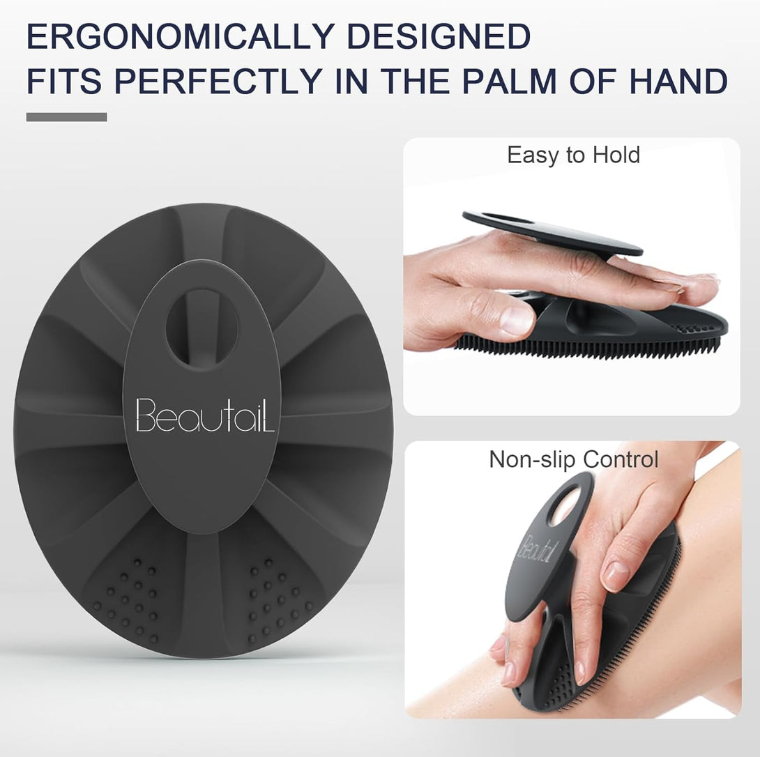 1 Pack Silicone Body Scrubber BEAUTAIL Bath Shower Brush and 1 Pack BEAUTAIL Silicone Scalp Massager Shampoo Brush, Black
