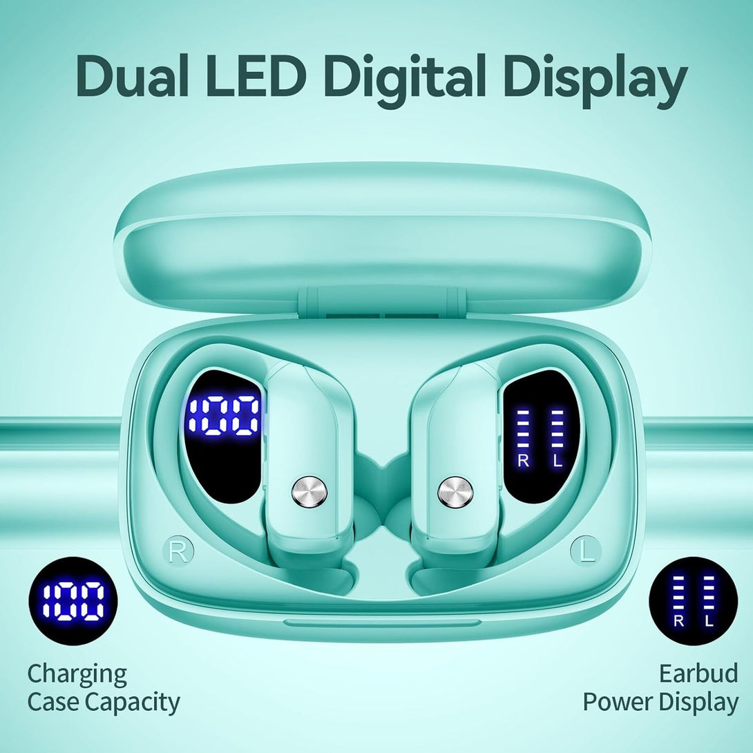 Bmani Wireless Earbuds Bluetooth Headphones 48Hrs Play Back Sport Earphones with LED Display Over-Ear Buds with Earhooks Built-In Mic Headset for Workout Mint Green