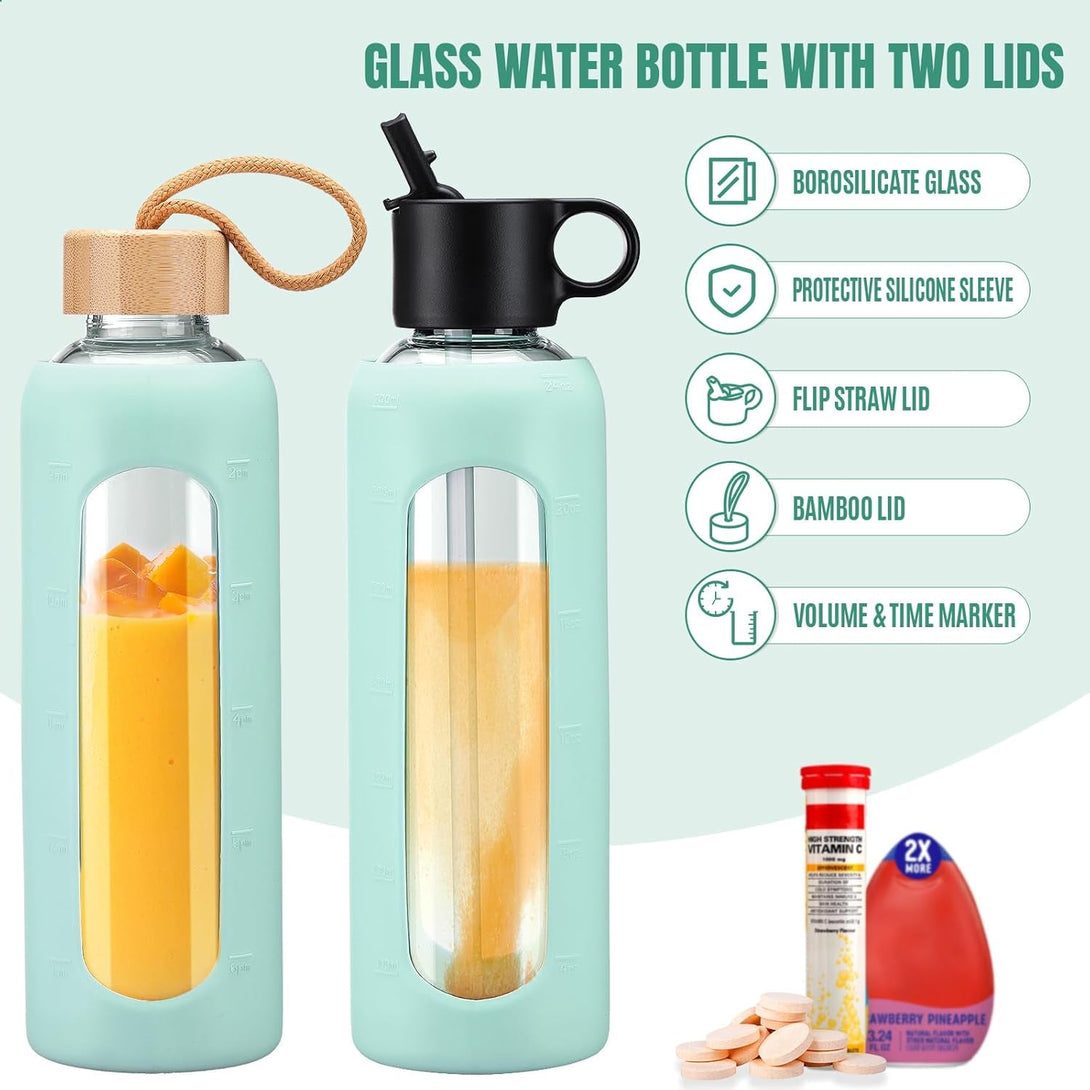 24Oz Glass Water Bottle with 2 Lids, Glass Tumbler with Silicone Sleeve, Drinking Bottles with Motivational Time Marker,1 Pack-Light Blue