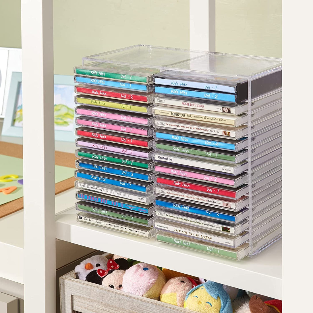 Stori Stackable Clear Plastic CD Organizer with Rubber Feet | Rectangular Jewel Cases Holder Perfect for Theatre Room | Holds up to 30 CD Cases | Made in USA