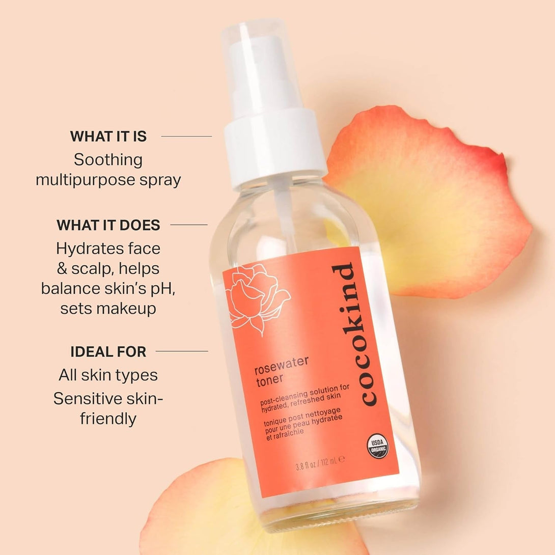 Rosewater Facial Toner by Cocokind, Multipurpose Spray to Set Makeup, Double Cleanse, and Balance Skins Ph, Made with Rose Hydrosol, 4 Fl Oz