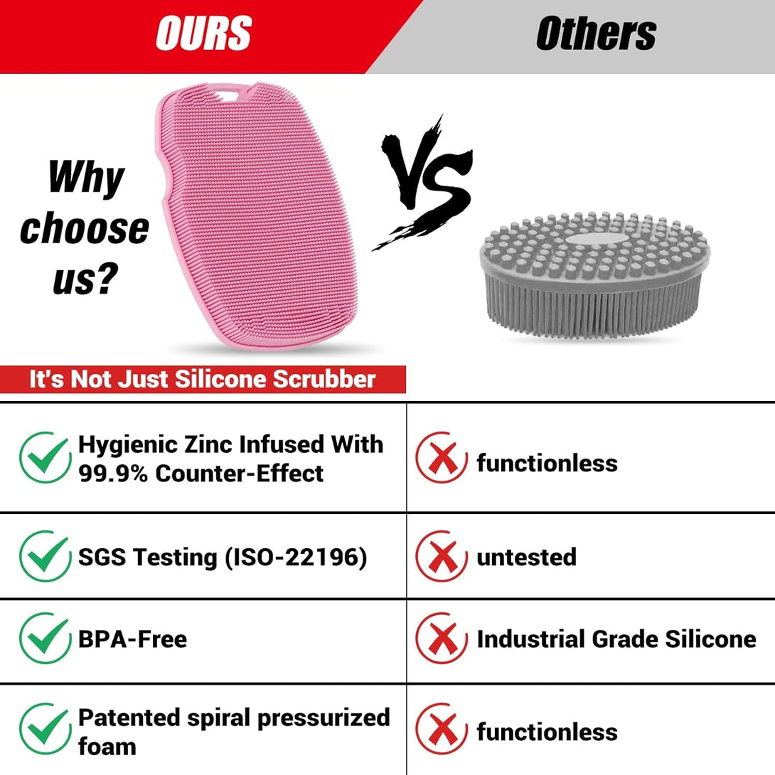 Silicone Body Scrubber - Zinc Infused - Highly Elastic Bristles - Exfoliating Body Scrubber for Cellulite Reduction,Blood Circulation,Massage for Flawless Skin - Pink
