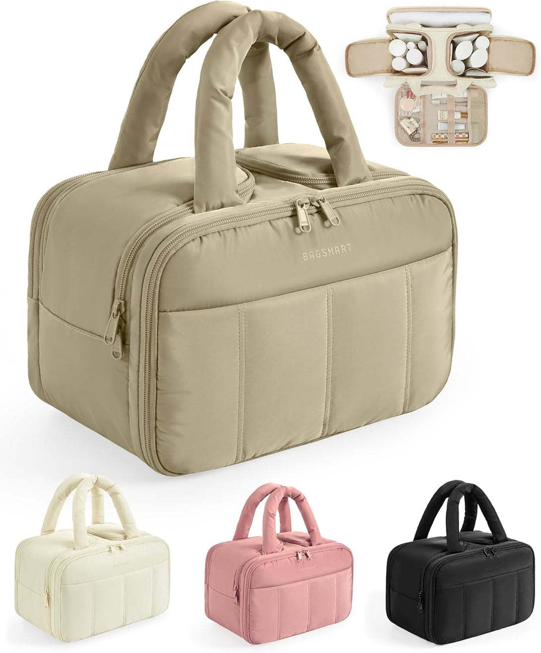 BAGSMART Travel Toiletry Bag, Puffy Large Toiletry Bag for Women, Lightweight Cosmetic Makeup Bag Organizer with Handle for Traveling, Accessories, Essentials, Toiletries (Grayish Brown)