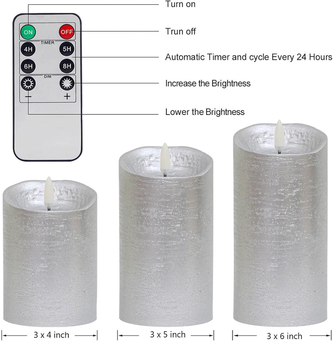ANGELLOONG Battery Operated Candles with Remote, Real Wax Flickering Flameless Candles with Timer, Set of 3 Electric LED Candles for Valentines Wedding Holiday Party Home Decor, Silver