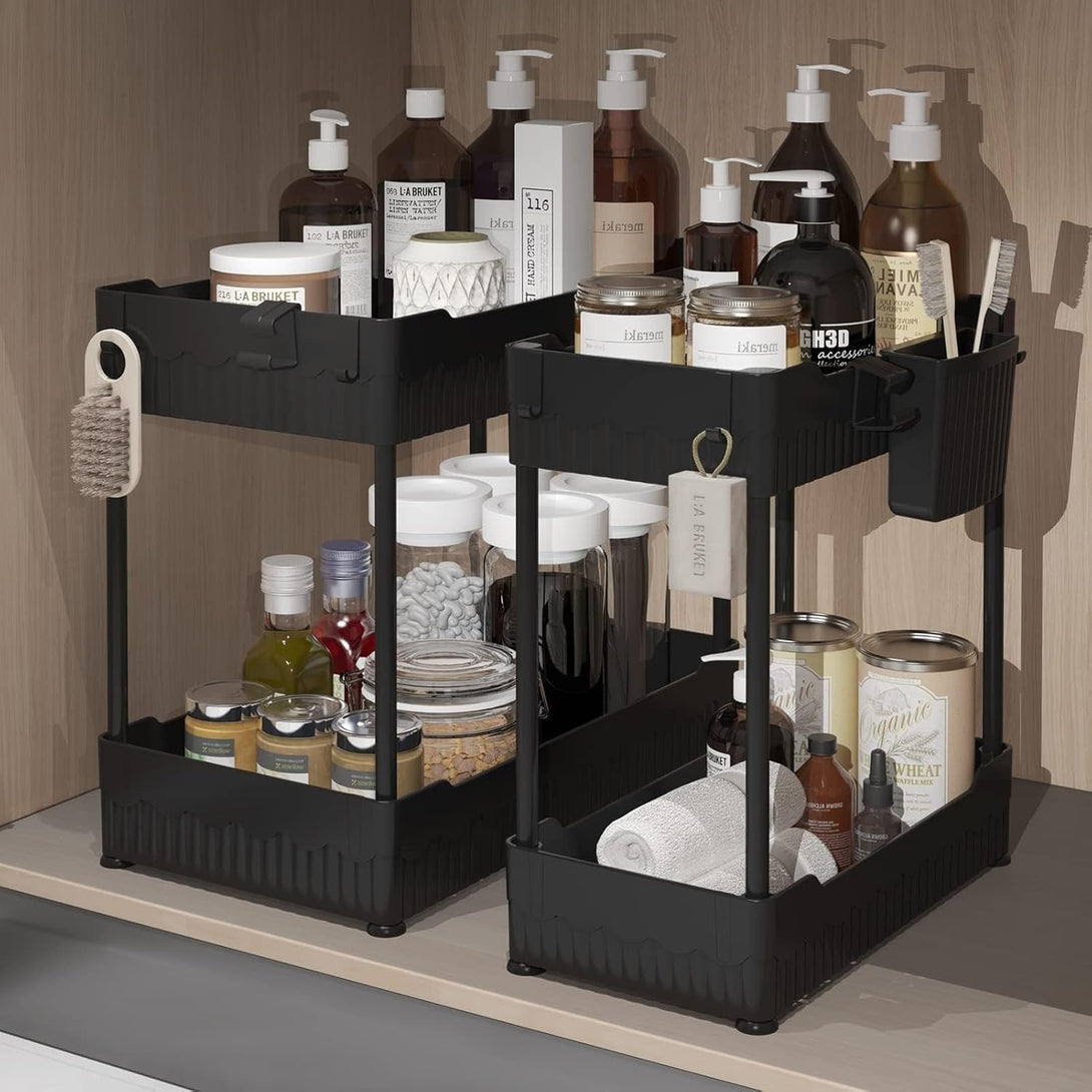 2 Pack under Sink Organizer, under Bathroom Cabinet Organizer with Hooks Hanging Cup, Multi-Purpose Storage Shelf for Kitchen Bathroom, Black