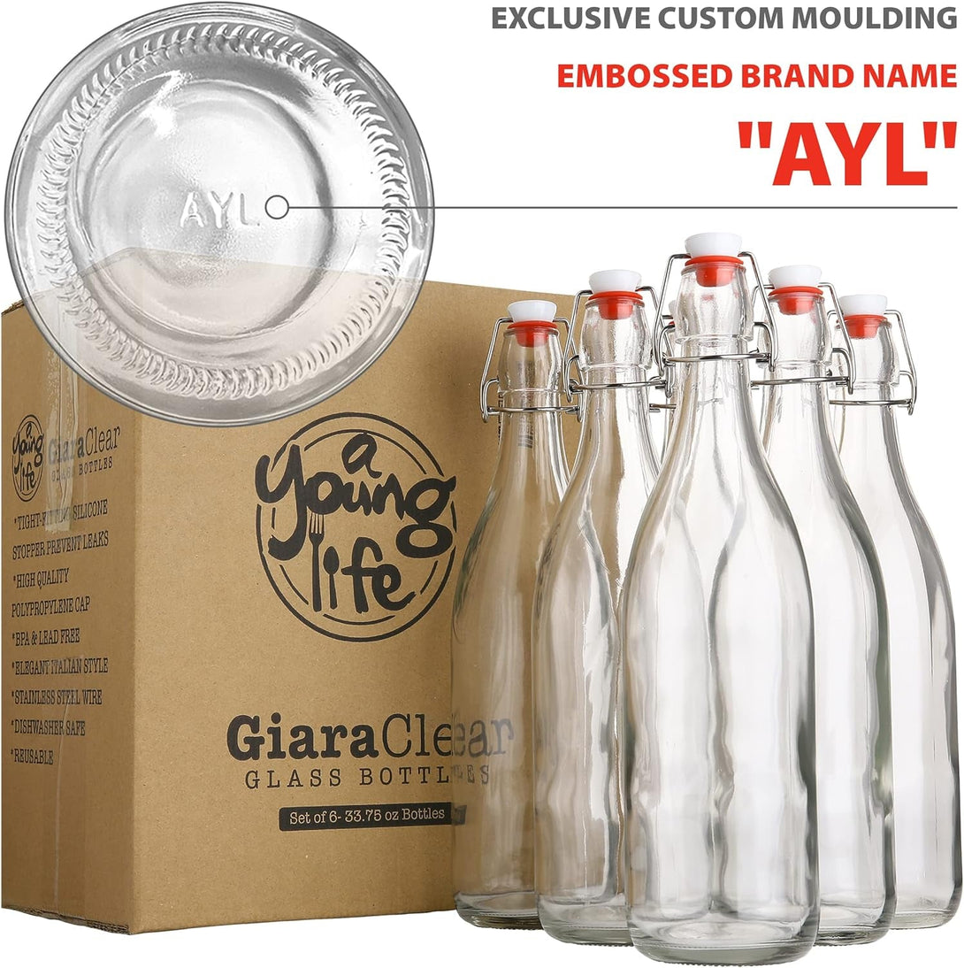 AYL Flip Top Glass Bottle [1 Liter / 33 Fl. Oz.] [Pack of 4] – Swing Brewing Bottle with Stopper for Beverages, Oil, Vinegar, Kombucha, Water, Soda, Kefir – Airtight Lid & Leak Proof Cap – Clear