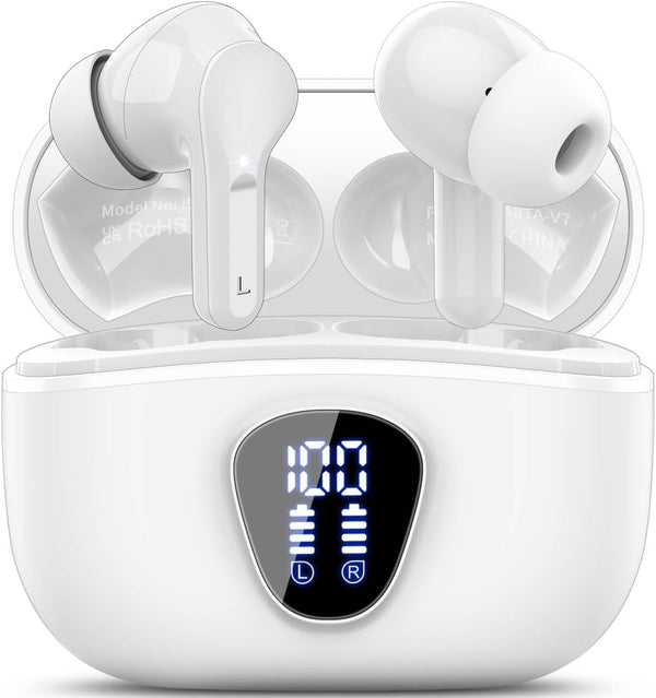Wireless Earbuds, Bluetooth 5.4 Headphones Hifi Stereo, Bluetooth Earbuds with ENC Noise Cancelling Mic, IP7 Waterproof in Ear Earphones, 48H, LED Display Ear Buds for Pad Phone Workout Sports, White