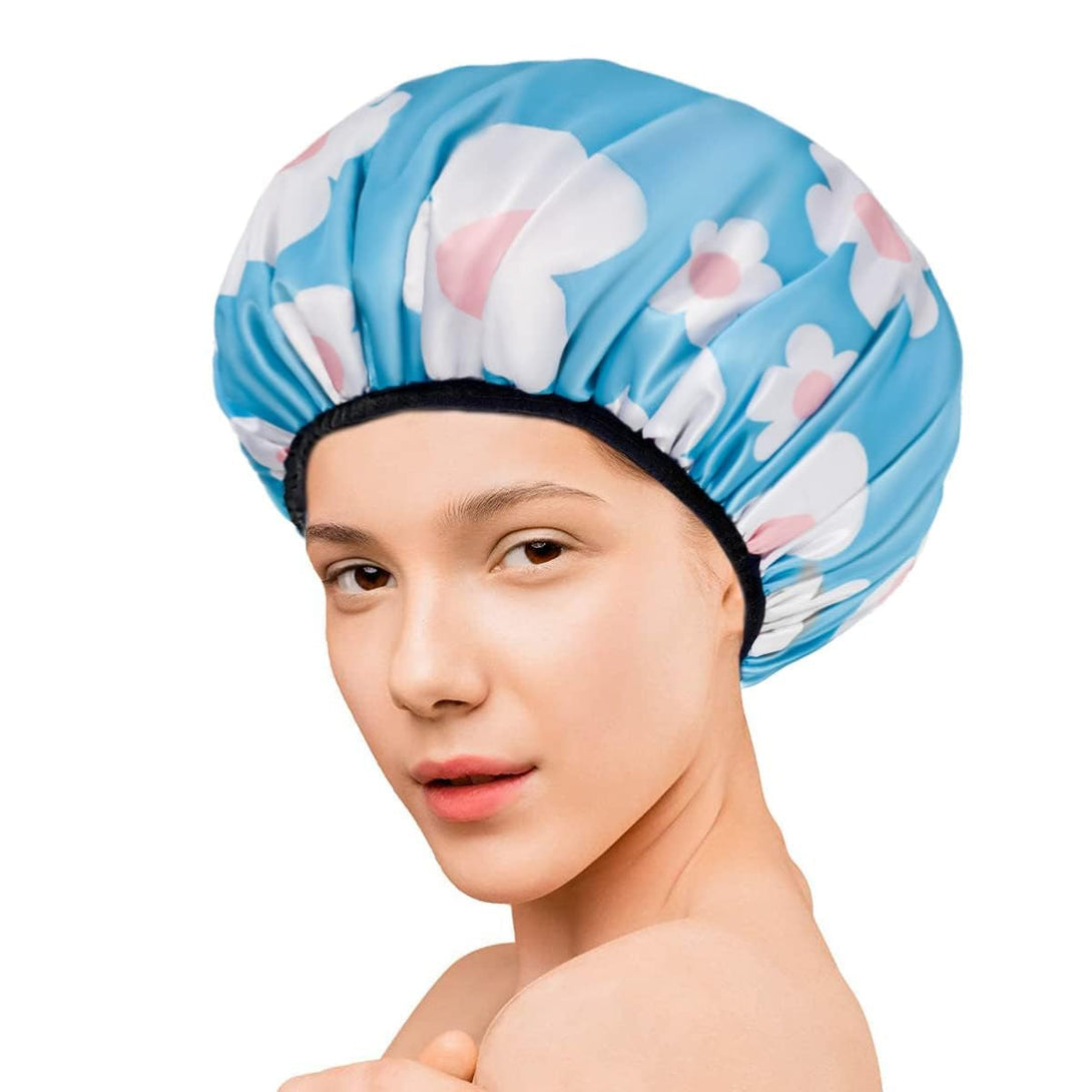 Aquior Shower Cap,Extra Large Triple Layer Bathing Cap with Dry Hair Function for Women Microfiber Terry Cloth Silky Satin 100% Waterproof Reusable Long Hair Bath Caps (Light Blue Flora)