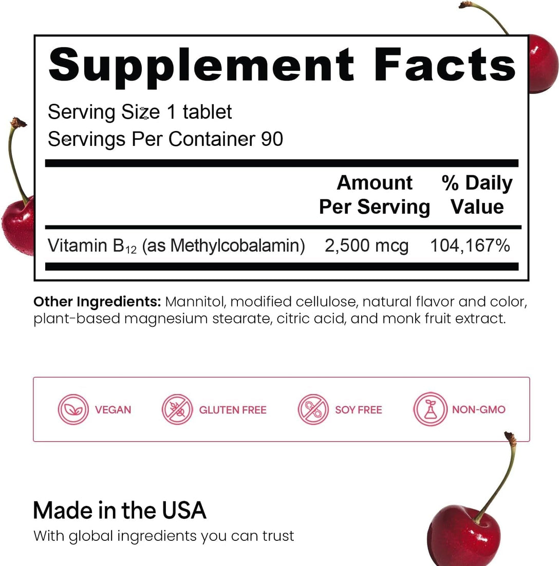 EZ Melts B12 Sublingual Vitamin 2,500 Mcg, Methylcobalamin, Sugar-Free, 3-Month Supply