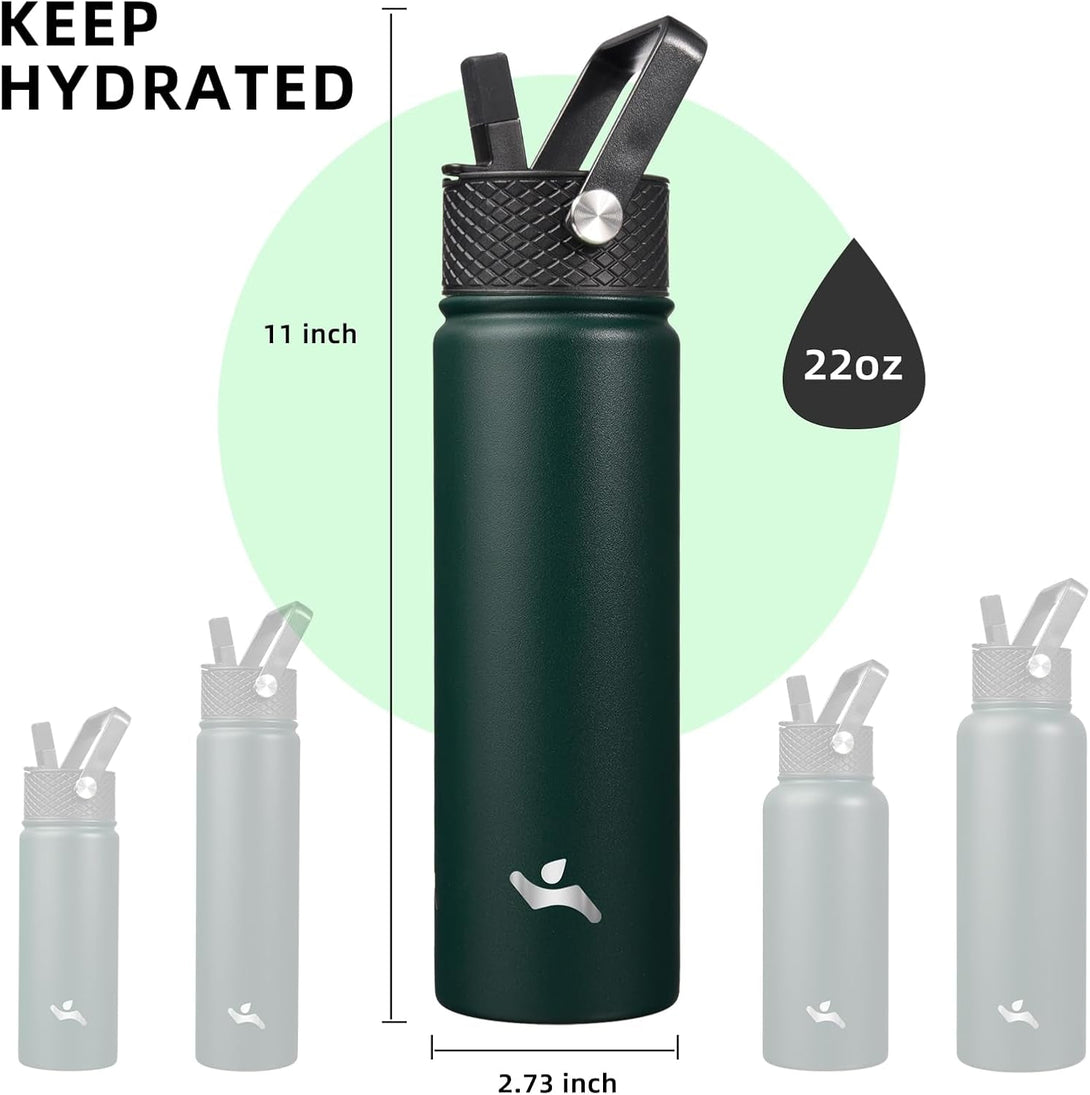 22Oz Stainless Steel Bottles with 3 Lids Sport Insulated Water Bottle,Army Green