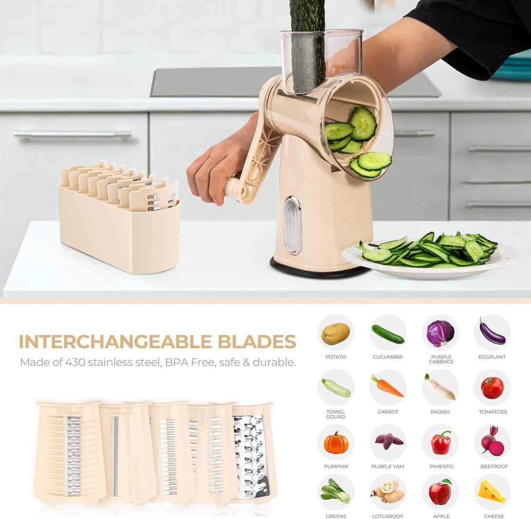 SUSTEAS Rotary Cheese Grater with Handle - Vegetable Shredder with 5 Well-Designed Blades & Strong Suction Base,Round Mandoline Slicer & Food Chopper for Kitchen,With Blade Storage Box(Beige)