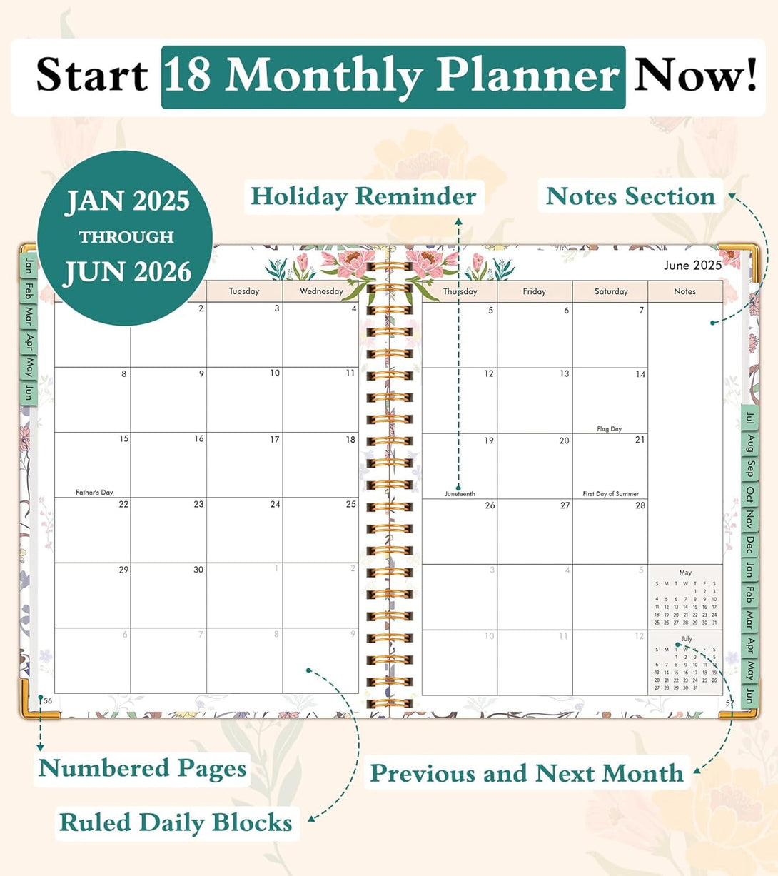 2025 Appointment Book, 2025 Academic Planner 18 Months Weekly and Monthly (January 2025 - June 2026), 8.5"X11" Daily Hourly Planner 60-Minute Time Slots, Spiral Calendar Schedule Book for Work Home School, Wildflower Garden