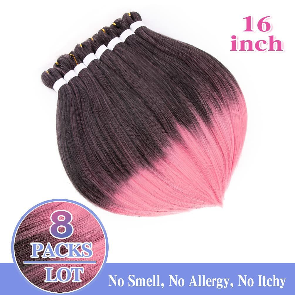 8 Pack Ombre Braiding Hair Pre Stretched - 16" 55G/Pack Premium Pre Stretched Braiding Hair Extensions, Professional Itch Free Perm Yaki Texture Prestretched Hair(1Bpink)