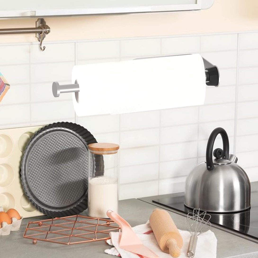 Paper Towel Holder under Cabinet Brushed Nickel Wall Mount Paper Towel Holder with Damping Single Hand Operable, under Counter Paper Towel Racks with Self-Adhesive and Screw for Kitchen Bathroom