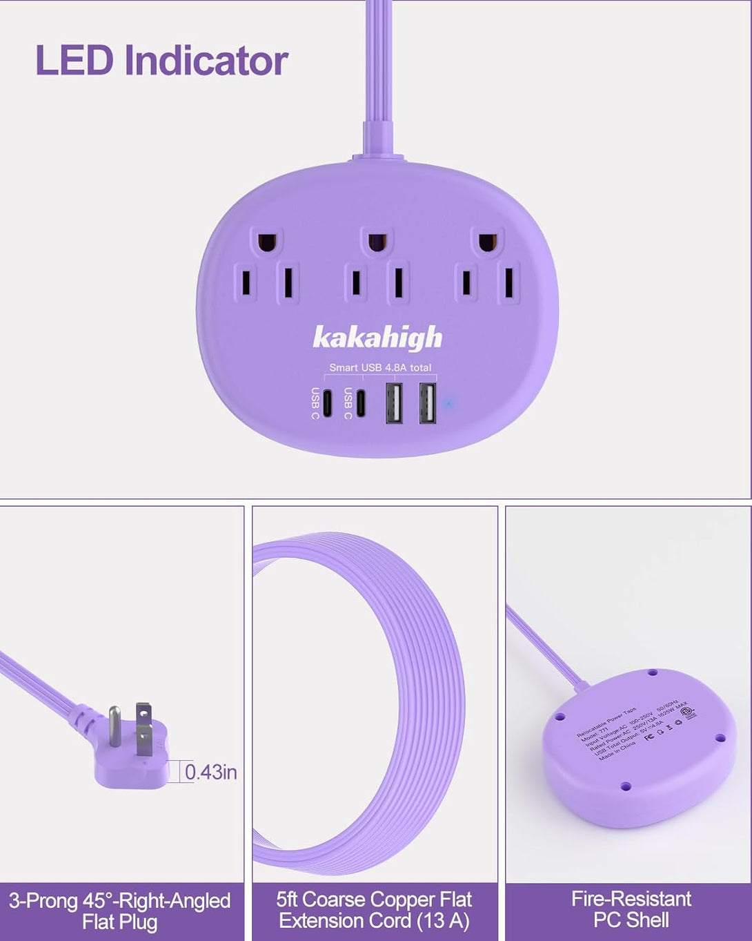 Purple Extension Cord with Surge Protected 1080J - 5 FT Flat Extension Cord, 1625W Cute Extension Cord with 3 AC Outlet 4 USB (24W/4.8A), Compact for Cute Purple Kawaii Lavender Accessories