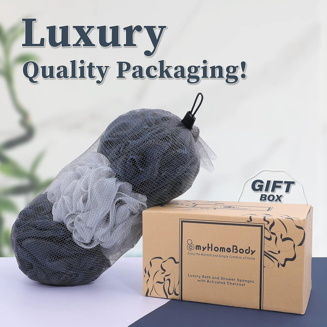 Myhomebody Large 70G Loofah Sponge, Body Scrubber, Bath Sponge, Loofah for Women, Men, Exfoliating Sponge Shower Pouf with Activated Charcoal - 3 Pack, 2 Midnight Blue + 1 Fog Gray