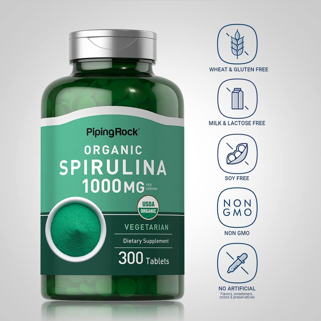 Piping Rock Organic Spirulina | 1000Mg | 300 Tablets | Arthrospira Platensis | Vegetarian, Non-Gmo, Gluten Free Supplement