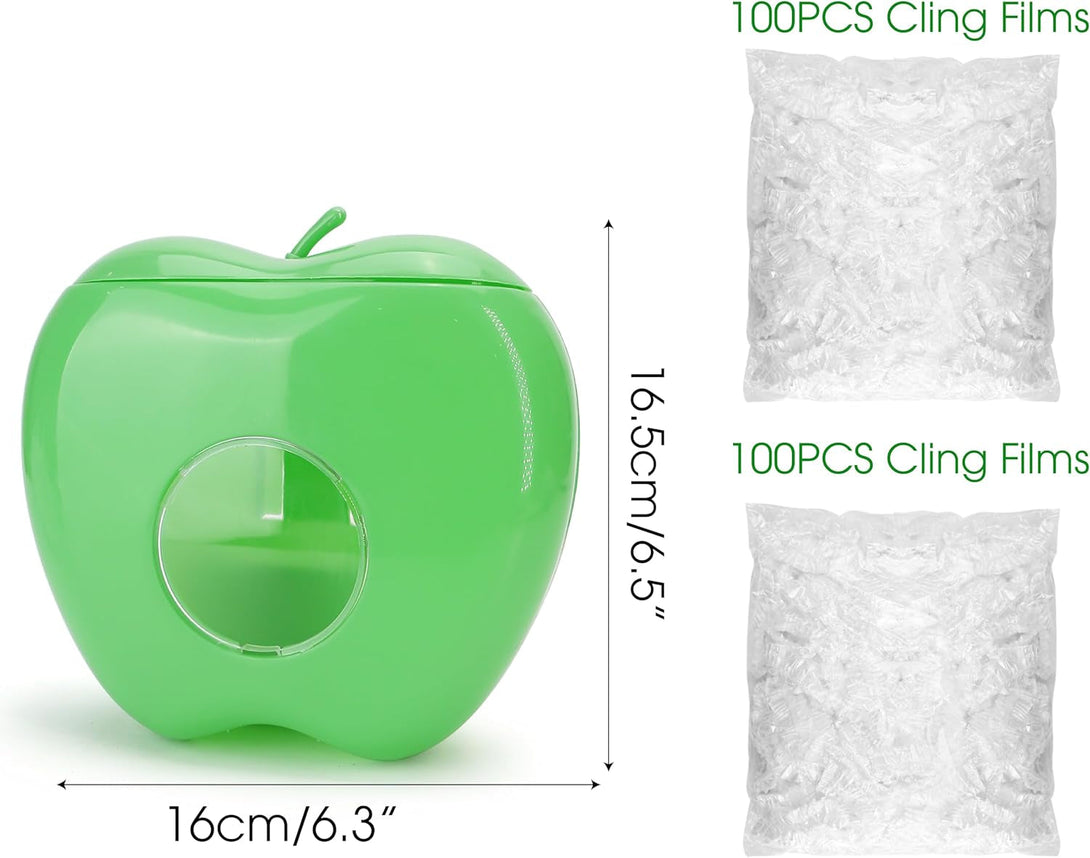 Plastic Wrap Storage Box with 200Pcs Disposable Cling Film Food Cover, Reusable Wall-Mounted Punch-Free Dispenser for Elastic Sleeve Bag, Extractable Shower Caps Organizer for Kitchen Bathroom (Green)