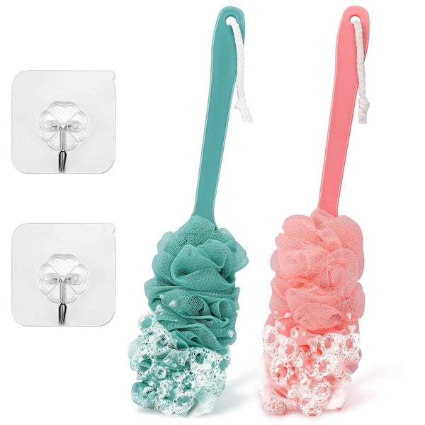 2Pack Back Scrubber for Shower Loofah with Long Handle, Shower Brush for Body, 17â€³ Loofah on a Stick for Men Women Bathing Accessories, Scrubber Sponge for Exfoliating Bath Brushes (Pink & Green)