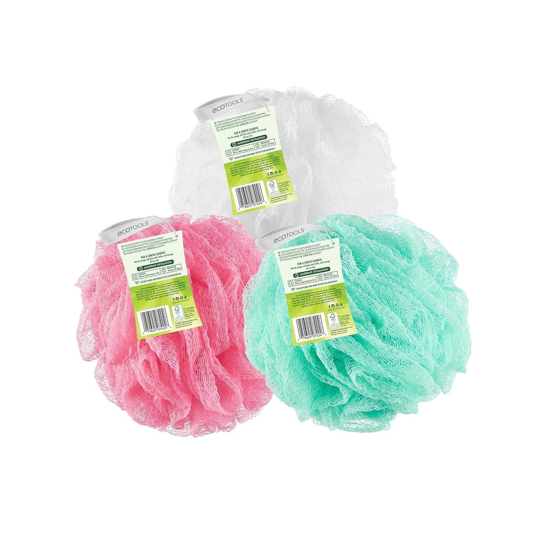 Ecotools Exfoliating Ecopouf 3 Pack, Shower Loofah Scrubs & Cleanses, Pouf with Recycled Netting, Exfoliation Removes Dead Skin, Eco-Friendly Bath Accessory, Cruelty-Free, Color May Vary, (60G Each)