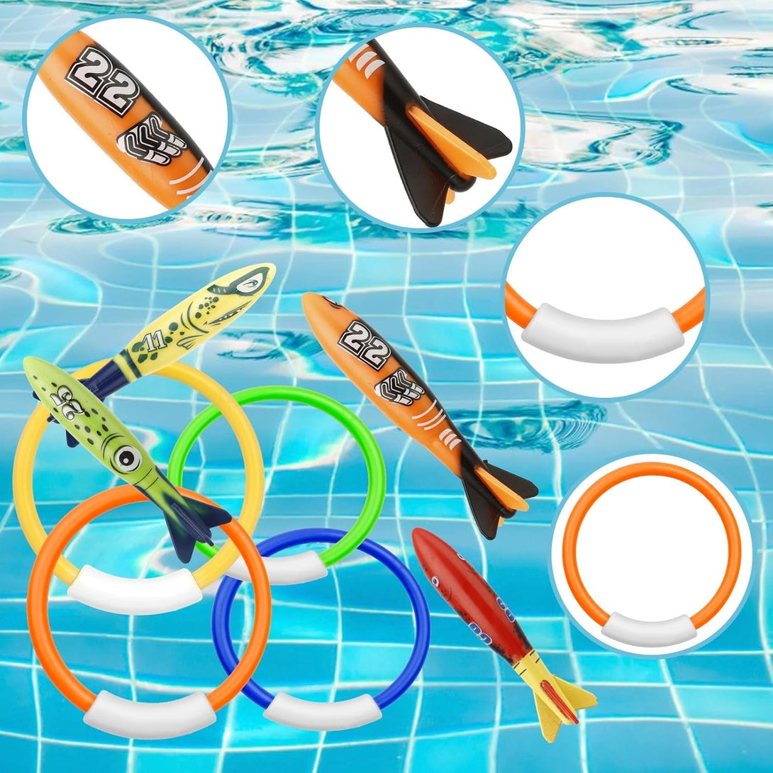 8 Packs Pool Toys, Pool Toys for Kids Ages 4-6-8-10-12, Shark Underwater Training Pool Diving Rings Swimming Pool Toys with Dive Rings Torpedo for Kids Gifts Toddler Summer Swim Water Fun Pool Games